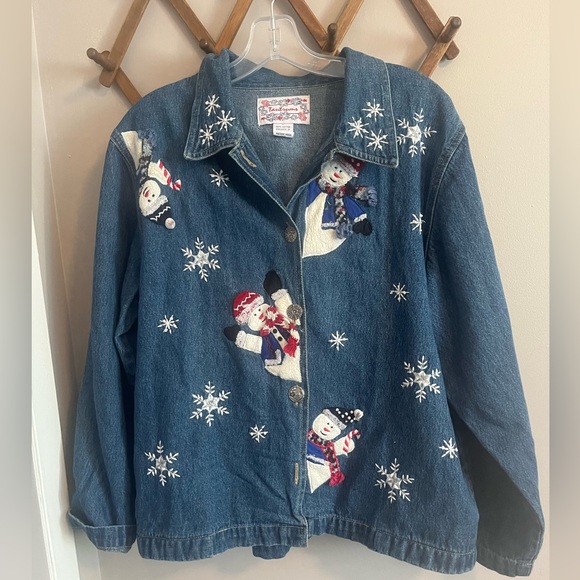 Vintage winter Christmas theme denim embroidered and patches of snowmen L - Picture 1 of 8